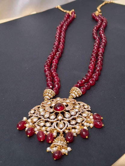 C13 Red Beaded Double-Strand Necklace Set with Kundan Pendant