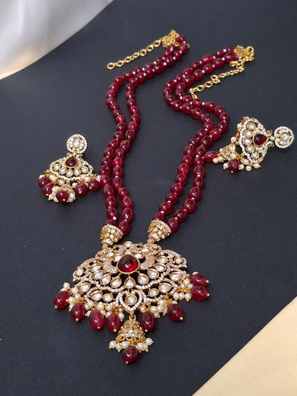 C13 Red Beaded Double-Strand Necklace Set with Kundan Pendant