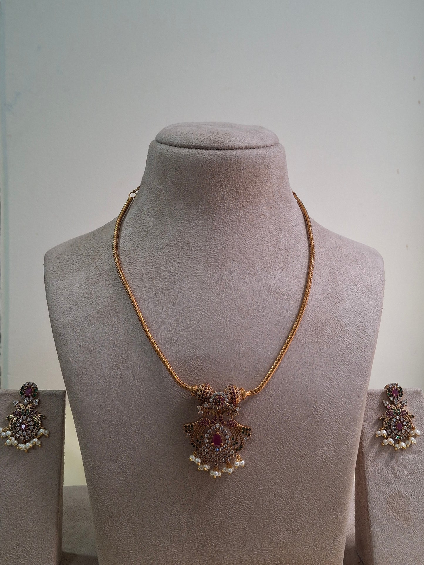 Antique Gold-Plated Temple Jewelry Set with Ruby & Pearl Detailing