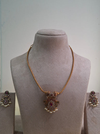 Antique Gold-Plated Temple Jewelry Set with Ruby & Pearl Detailing
