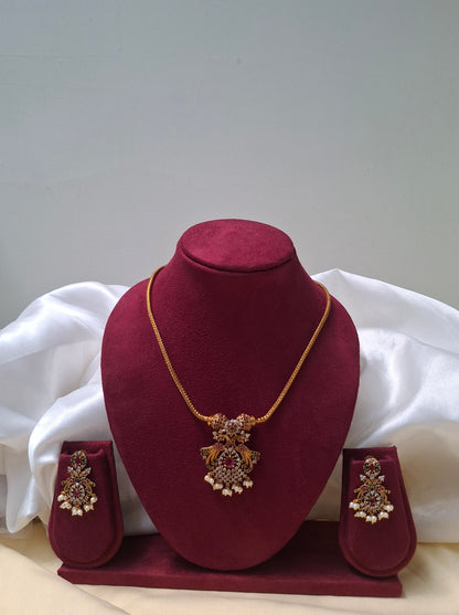 Antique Gold-Plated Temple Jewelry Set with Ruby & Pearl Detailing