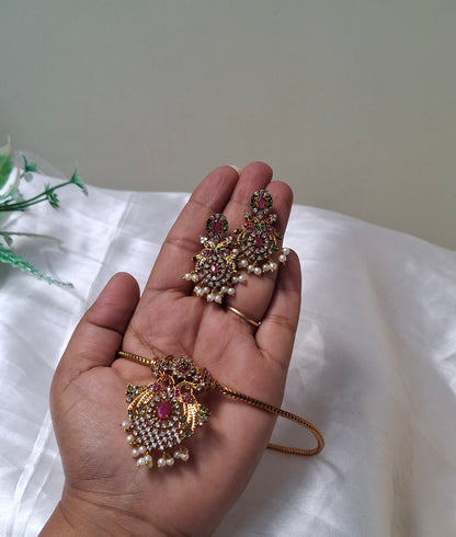 Antique Gold-Plated Temple Jewelry Set with Ruby & Pearl Detailing