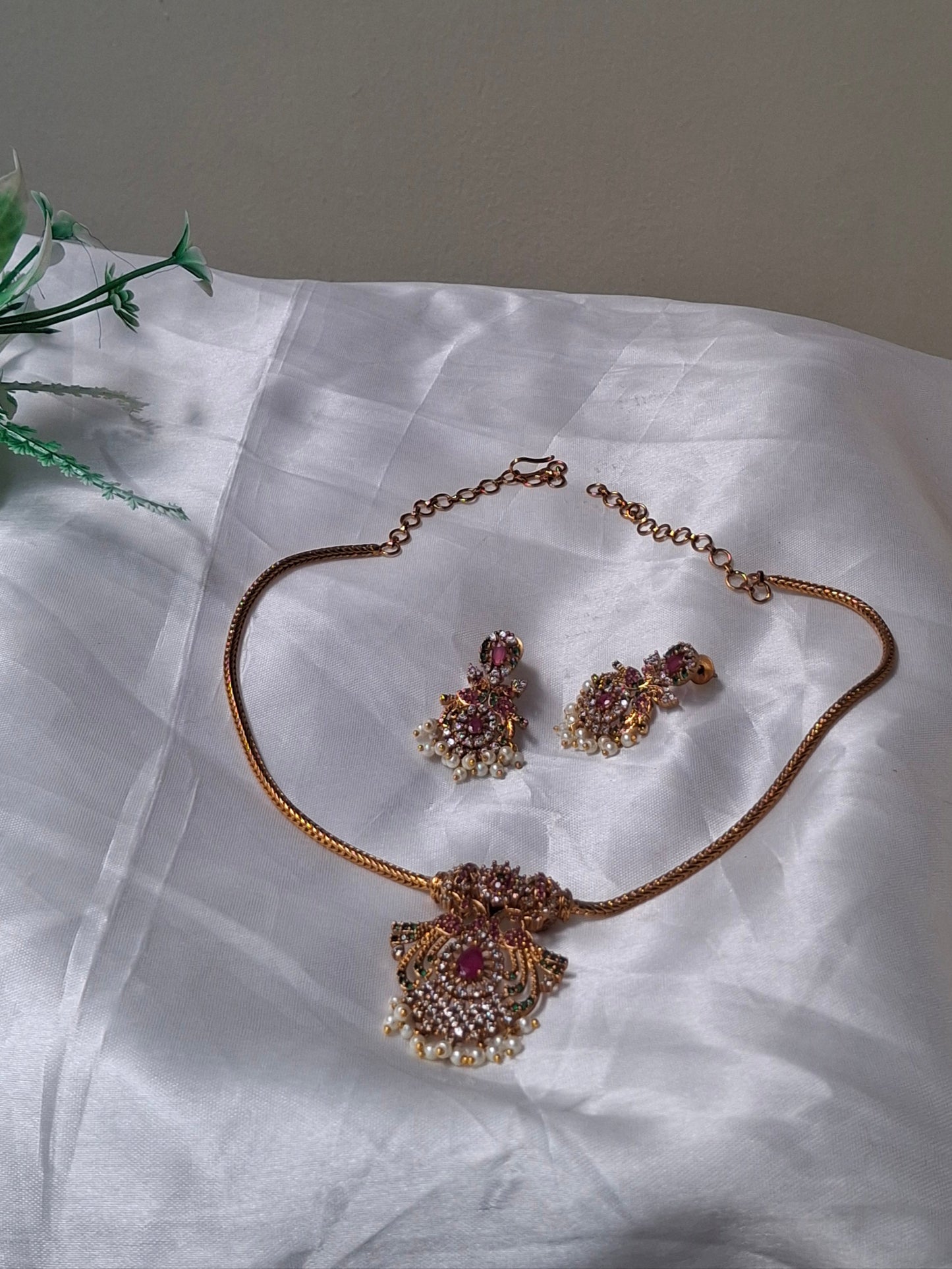 Antique Gold-Plated Temple Jewelry Set with Ruby & Pearl Detailing