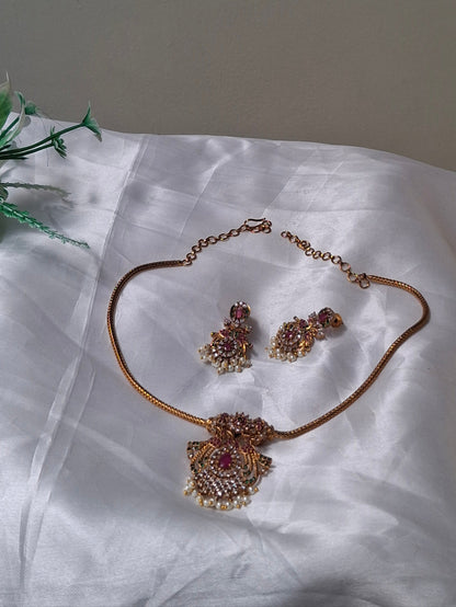 Antique Gold-Plated Temple Jewelry Set with Ruby & Pearl Detailing