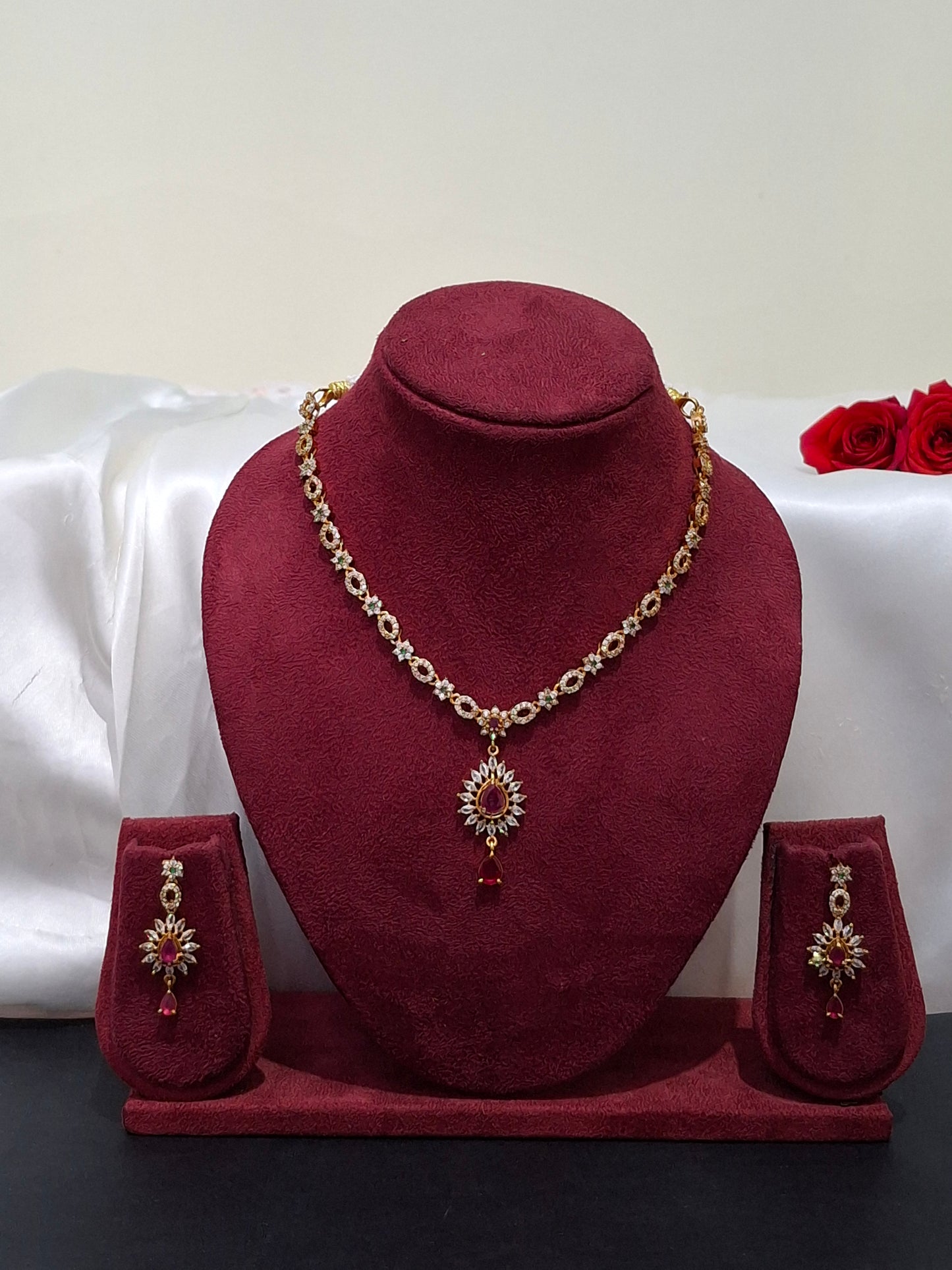 Ruby Red Teardrop Pendant Necklace Set