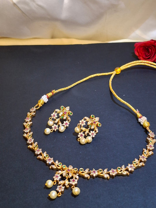 Floral & Leafy Grace Pearl Drop Necklace Set