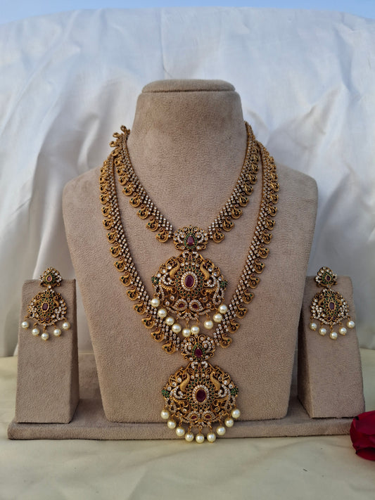 Majestic Peacock & Floral Pendant Set with Pearls, Pink Kundans & AD Accents