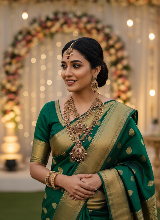 Graceful Peacock Pendant Set with Pink Oval Kundans, Pearls & Maang Tikka