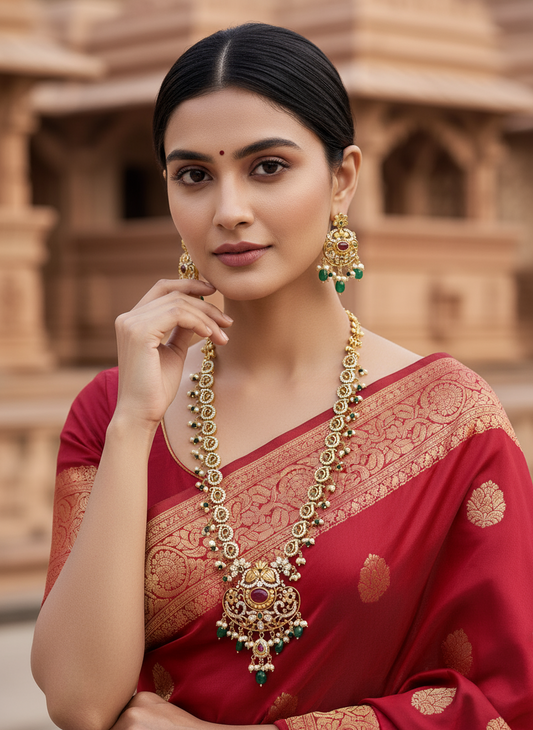 Antique Gold-Plated Traditional Necklace Set with Pearl and Green Bead Drops