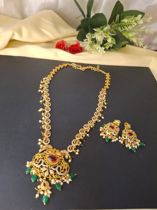 Antique Gold-Plated Traditional Necklace Set with Pearl and Green Bead Drops