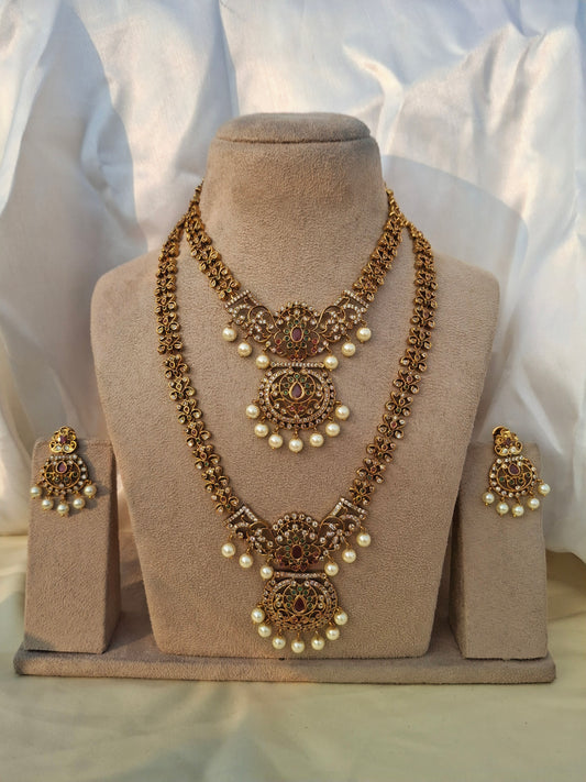 Elegant Floral Designer Jewelry Set with Long & Short Chains, Earrings & Maang Tikka