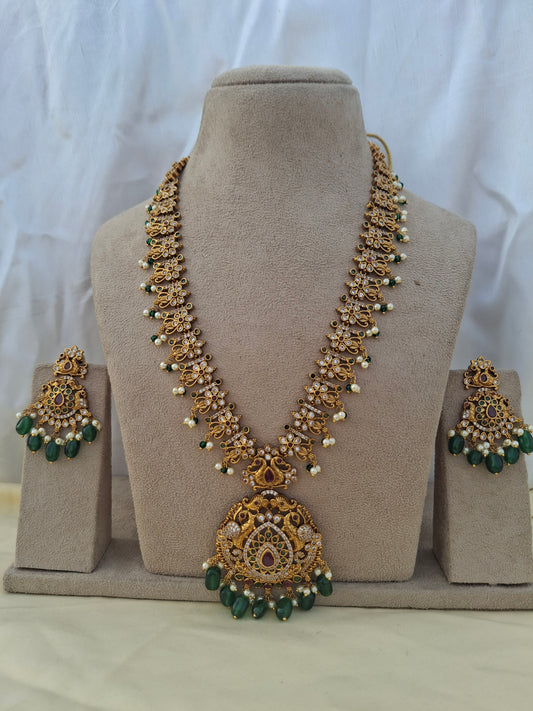 Regal Peacock & Floral Pendant Set with Pearls, Green Beads & Pink Kundan Accents
