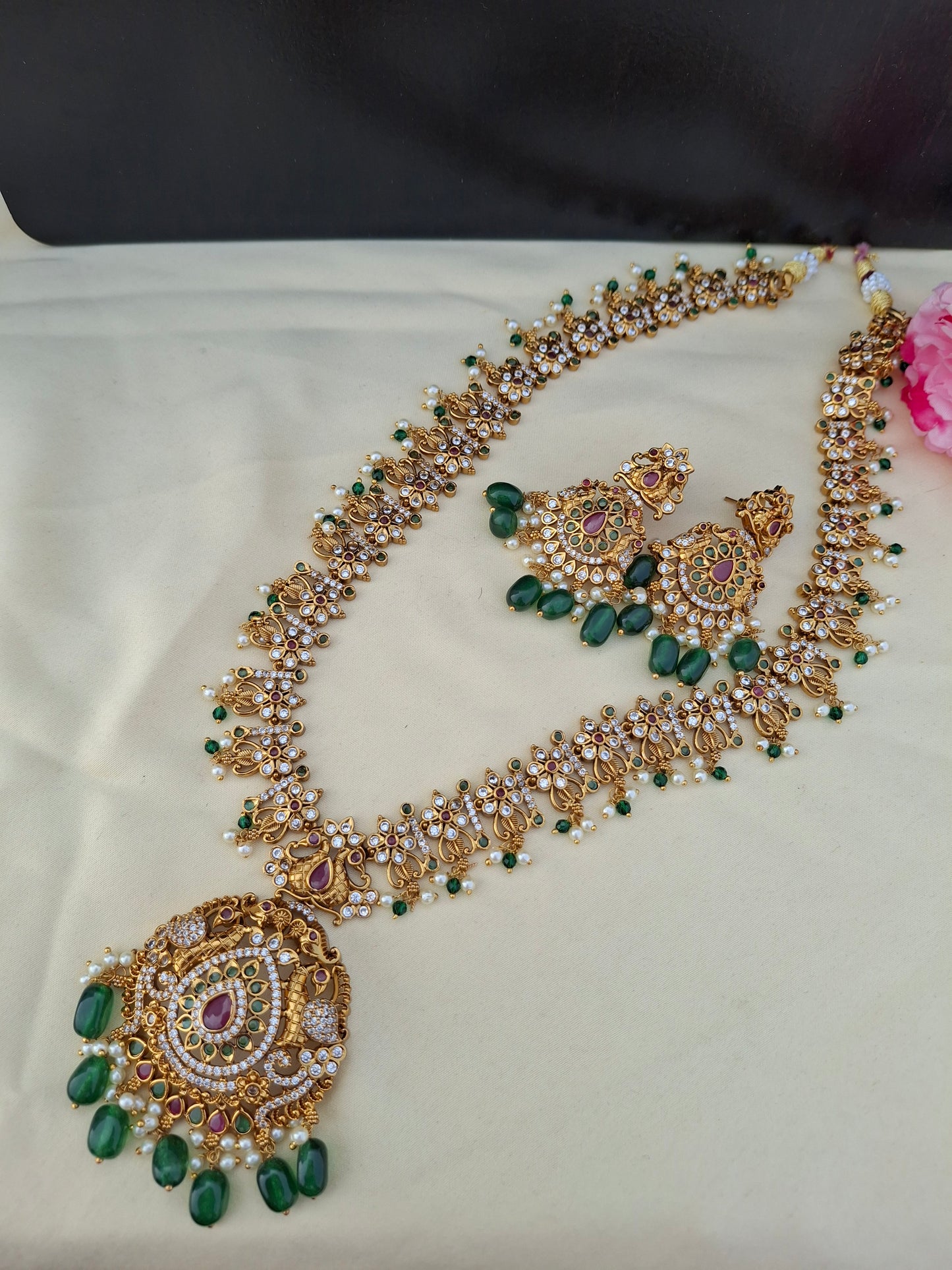 Regal Peacock & Floral Pendant Set with Pearls, Green Beads & Pink Kundan Accents