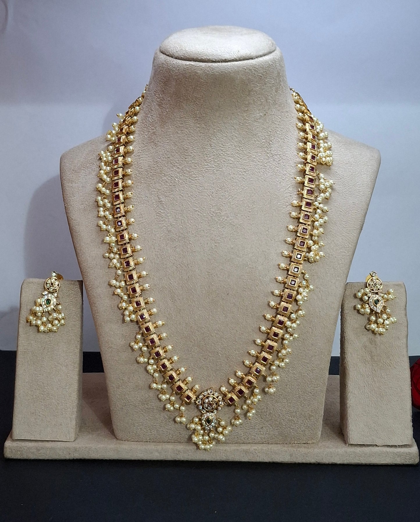 Delicate Pendant Set with Green & Pink Kundans, Pearl Chain & Earrings