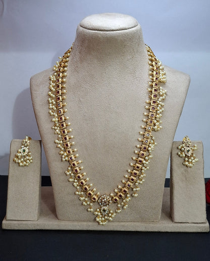 Delicate Pendant Set with Green & Pink Kundans, Pearl Chain & Earrings