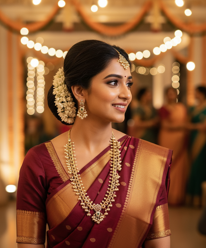 Delicate Pendant Set with Green & Pink Kundans, Pearl Chain & Earrings