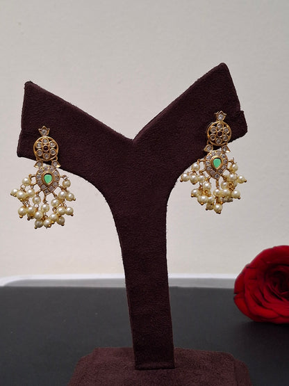 Delicate Pendant Set with Green & Pink Kundans, Pearl Chain & Earrings