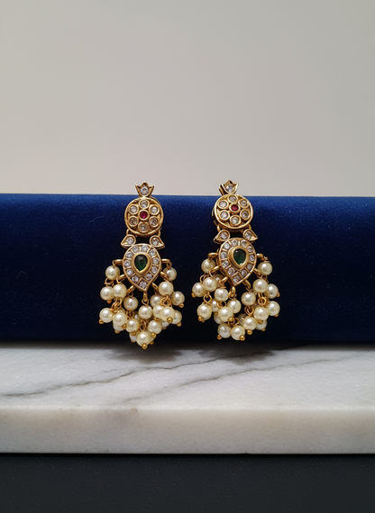 Delicate Pendant Set with Green & Pink Kundans, Pearl Chain & Earrings