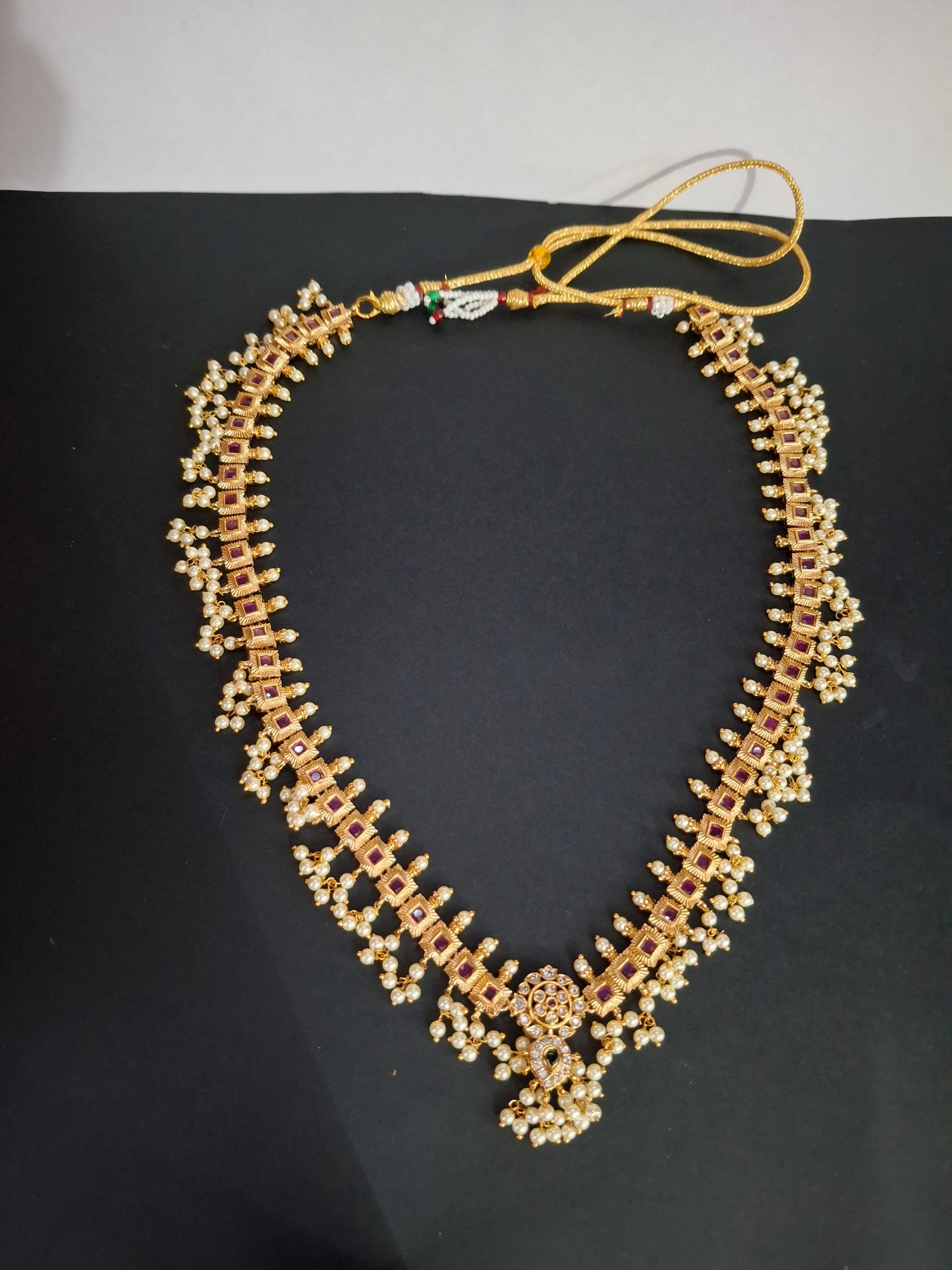 Delicate Pendant Set with Green & Pink Kundans, Pearl Chain & Earrings